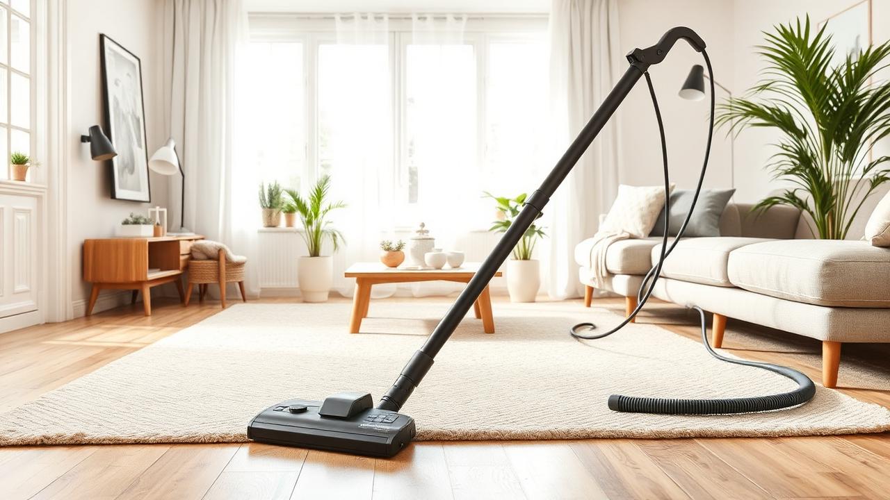 Dammsugare på beige matta i vardagsrum
